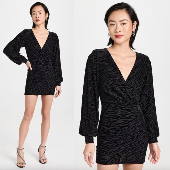 New Ramy Brook Kalani Black Zebra Print Flocked Textuted Long Sleeve Mini Dress - Picture 4 of 15
